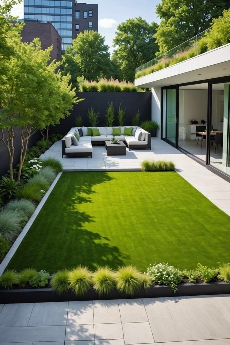 Modern gestalteter Garten mit Terrasse und gepflegter Rasenfläche