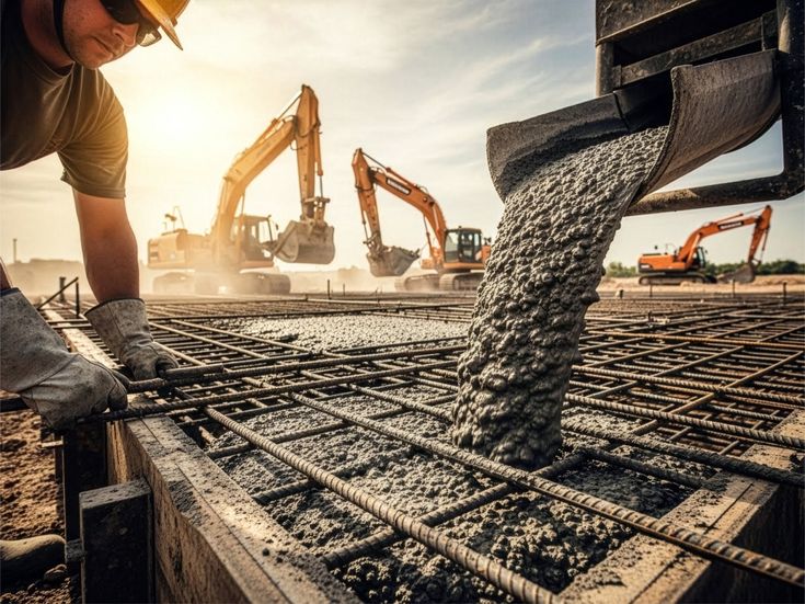 Beton wird auf einer bewehrten Bodenplatte eingebracht